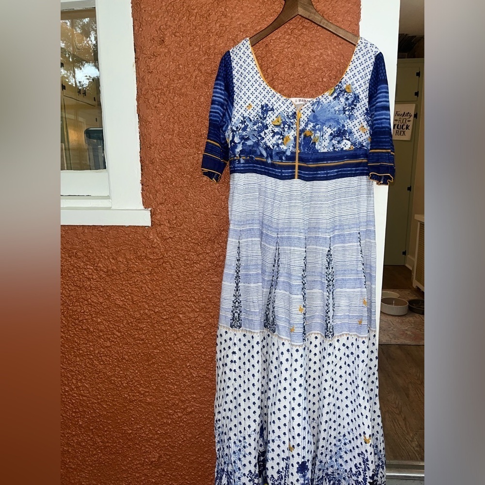 BIBA Women's Size 34 Blue White Yellow Flared Floral Cotton Maxi Kurta Dress